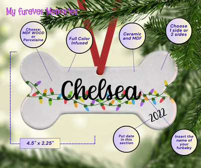 Christmas bone shape ornament, Tree hanger, Christmas lights Ornament, Personalized, Dog Bone Shaped, Pet ornament