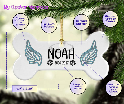 Angel Wings bone shape ornament, Tree hanger, Christmas lights Ornament, Personalized, Dog Bone Shaped, Pet ornament