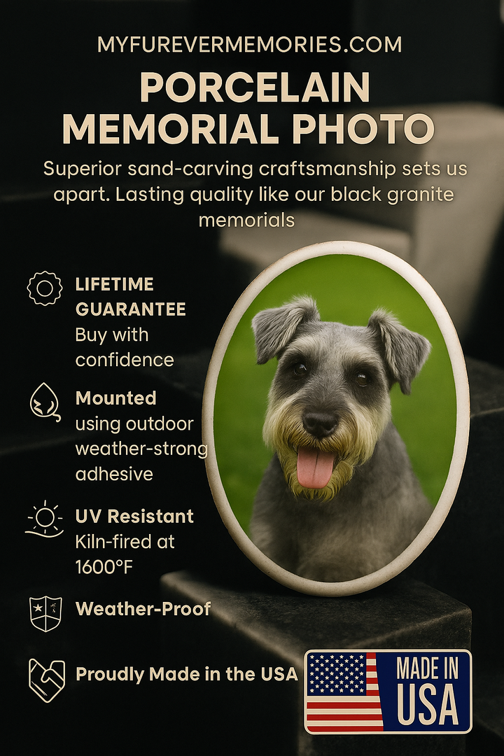 Kiln-fired porcelain color portrait option — illustrative material example; your memorial uses the selected inscription and personalization.