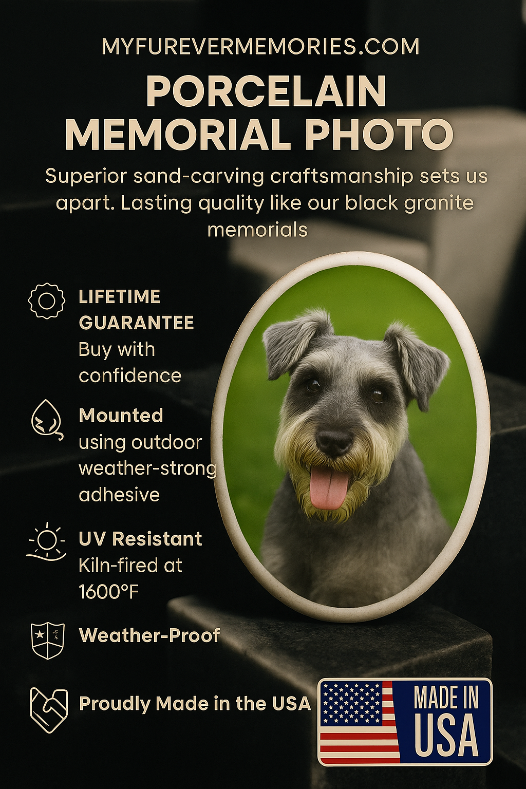 Kiln-fired porcelain color portrait option — illustrative material example; your memorial uses the selected inscription and personalization.