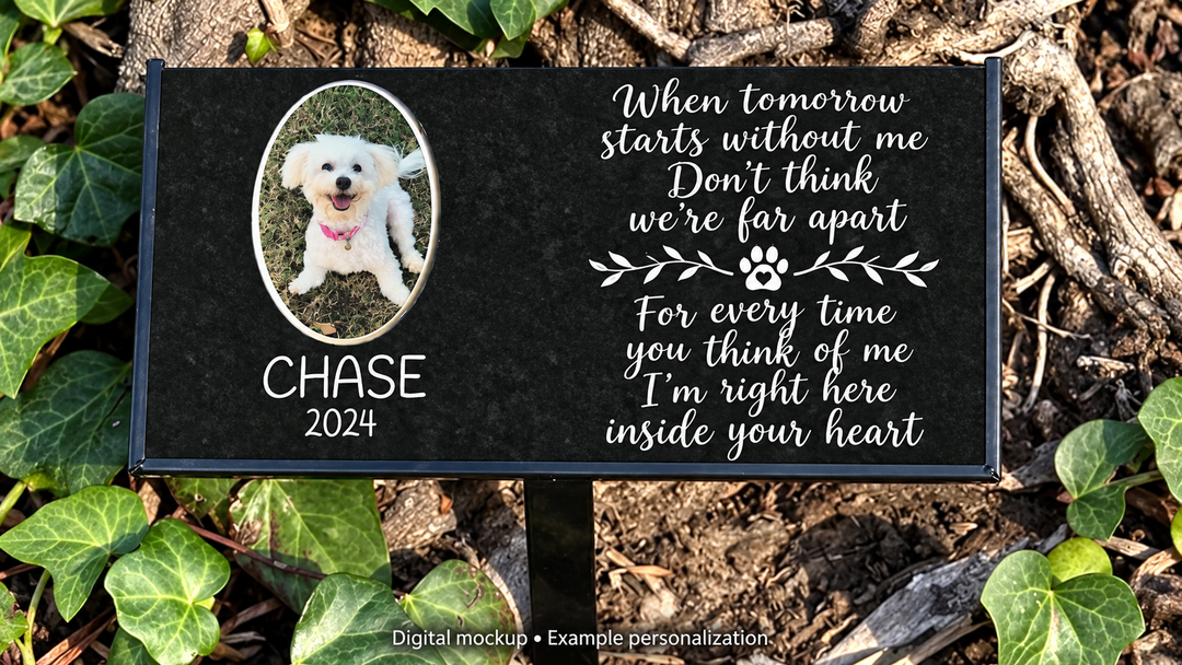 When Tomorrow Starts Without Me ground-stake granite memorial with oval kiln-fired color portrait; digital mockup with example personalization.