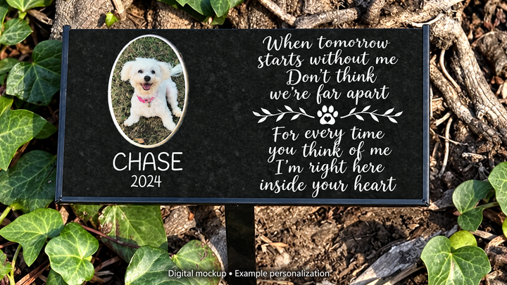 When Tomorrow Starts Without Me ground-stake granite memorial with oval kiln-fired color portrait; digital mockup with example personalization.