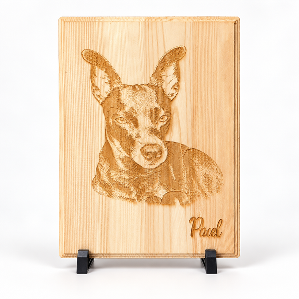 8 x 12 personalized laser engraved wood pet portrait with included black plastic display stand, front view