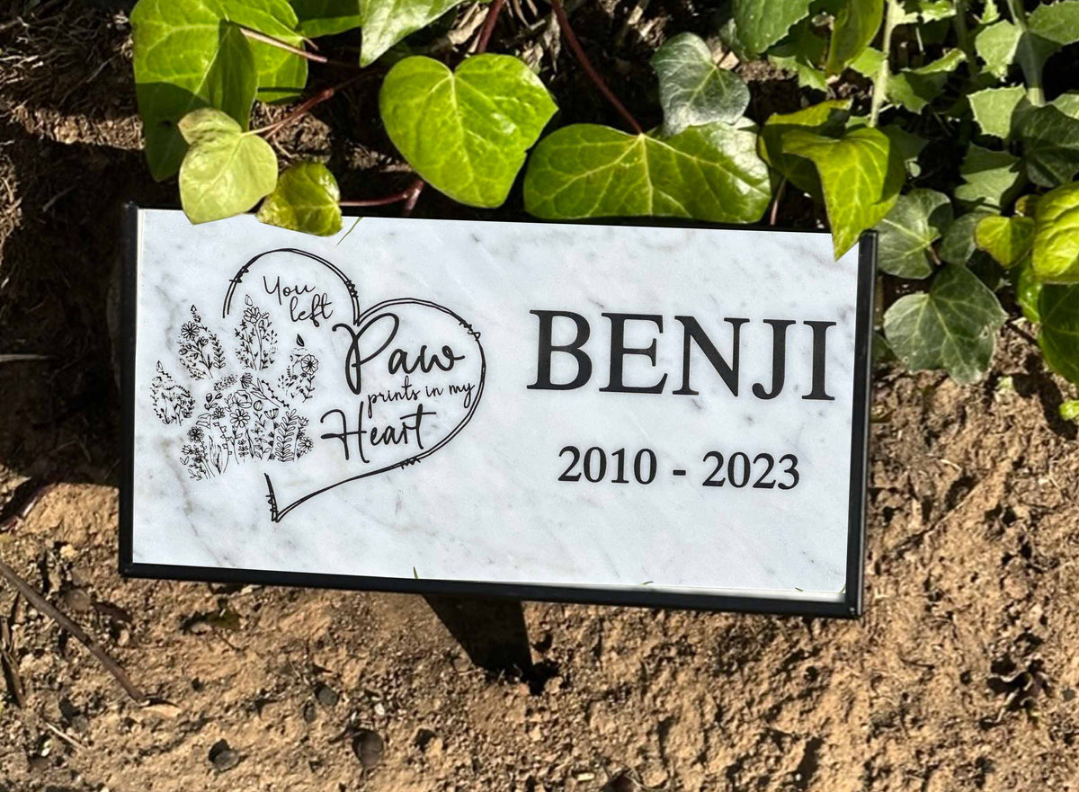 12 x 6 marble pet memorial with metal garden stake and paw-print inscription