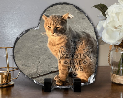 Cat Memorial Plaque Stone Personalized Photo Heart Shape Slate My Angel Has Paws Memorial Slates