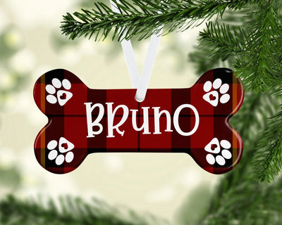 Christmas dog ornament, Christmas Ornament, Personalized Dog Bone, red tartan, Dog Ornament Personalized, Dog Bone Shaped Ornaments