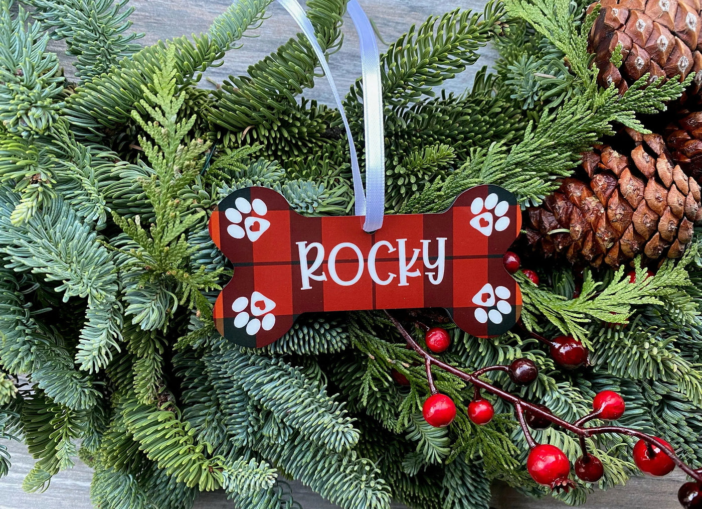 Christmas dog ornament, Christmas Ornament, Personalized Dog Bone, red tartan, Dog Ornament Personalized, Dog Bone Shaped Ornaments