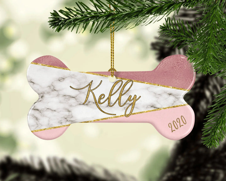 Christmas dog ornament, Super cute Gold and Pink with Marble texture, Personalized Dog Bone, Dog Bone Shaped, Pet ornament Ornaments