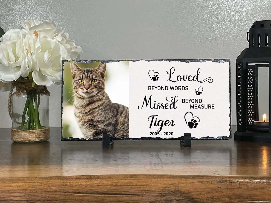 Personalized Cat Memorial Plaque   Loved Beyond Words Missed Beyond Measure  Personalized Picture Keepsake Memorial Slates