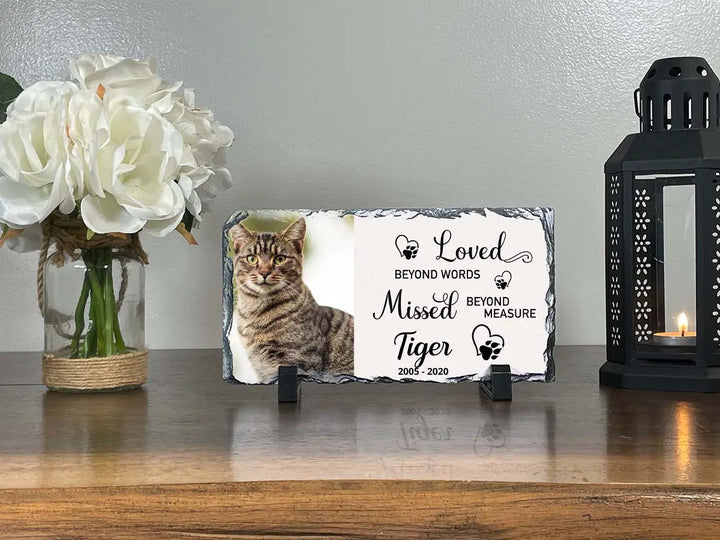 Personalized Cat Memorial Plaque   Loved Beyond Words Missed Beyond Measure  Personalized Picture Keepsake Memorial Slates