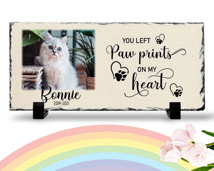 Personalized Cat Memorial Plaque   You left paw prints on my heart  Personalized Picture Keepsake Memorial Slates