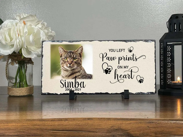 Personalized Cat Memorial Plaque   You left paw prints on my heart  Personalized Picture Keepsake Memorial Slates