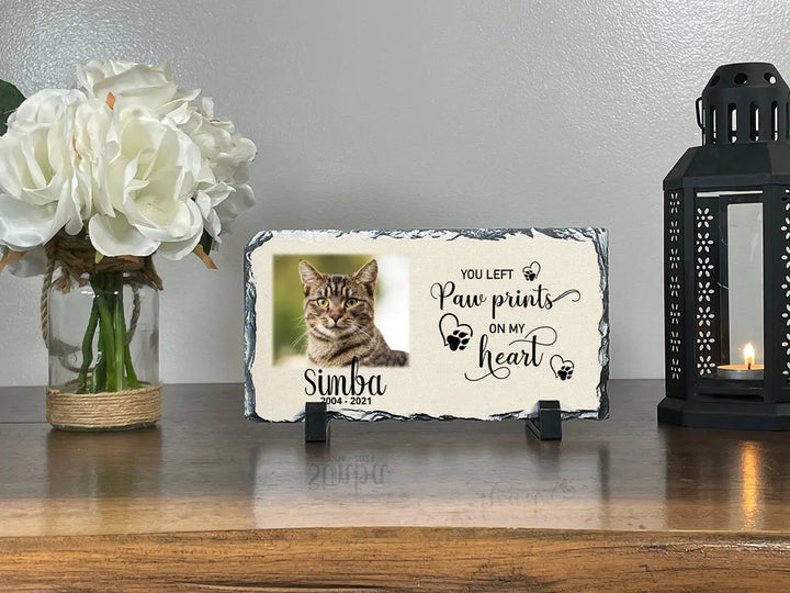 Personalized Cat Memorial Plaque   You left paw prints on my heart  Personalized Picture Keepsake Memorial Slates