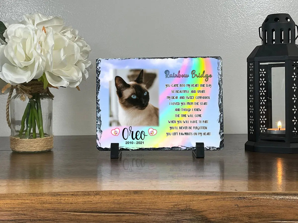 Personalized Cat Memorial Plaque   You left paw prints on my heart  Personalized Picture Keepsake Memorial Slates