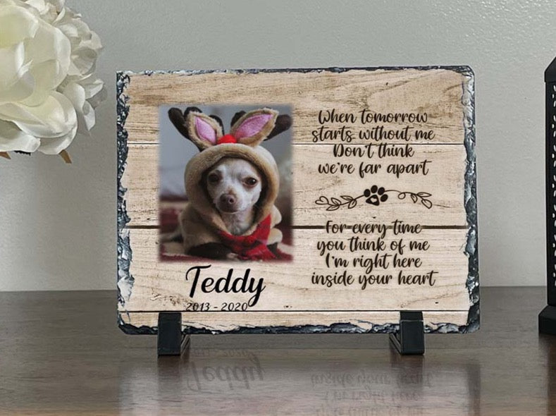 Small light-wood dog memorial photo slate for Teddy displayed on black stands