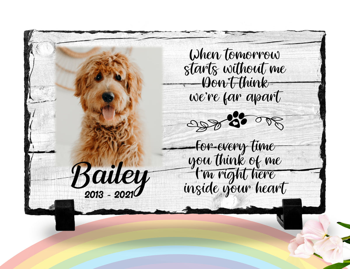 Personalized dog memorial photo slate for Bailey with poem on a white wood background