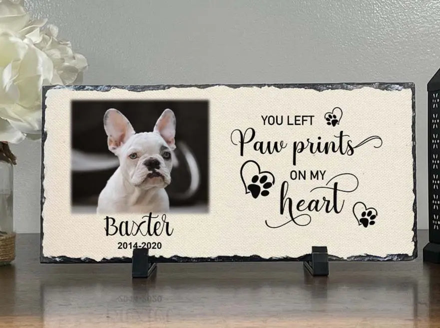 Personalized Dog Memorial Plaque   You left paw prints on my heart  Personalized Picture Keepsake Memorial Slates