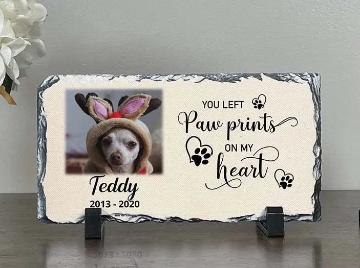 Personalized Dog Memorial Plaque   You left paw prints on my heart  Personalized Picture Keepsake Memorial Slates