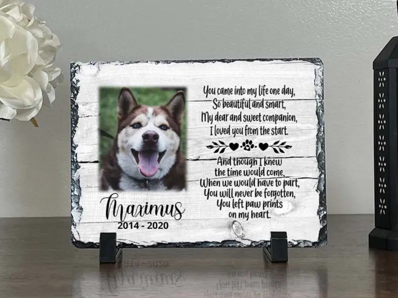Compact personalized dog memorial slate for Maximus displayed on a tabletop