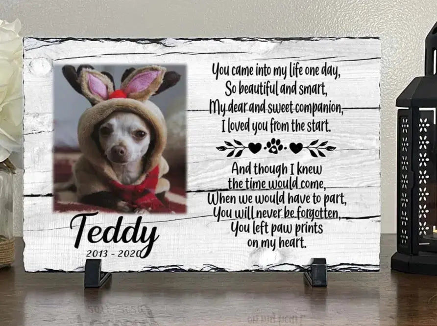 Personalized Dog Memorial Plaque   You left paw prints on my heart  Personalized Picture Keepsake Memorial Slates