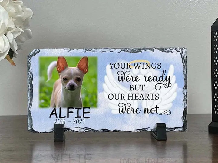 Personalized Dog Memorial Plaque   Your wings were but our hearts were not  Personalized Picture Keepsake Memorial Slates