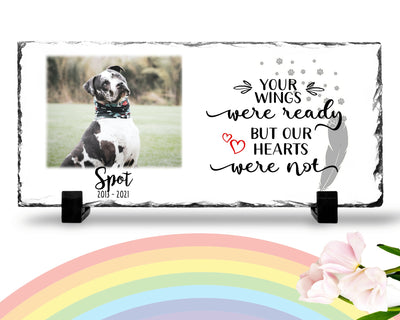 Personalized Dog Memorial Plaque   Your wings were but our hearts were not  Personalized Picture Keepsake Memorial Slates