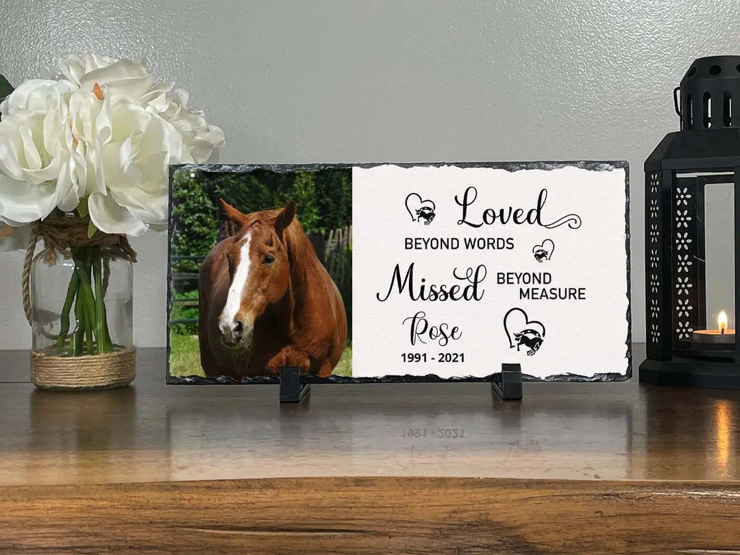 Personalized Horse Memorial Plaque   Loved Beyond Words Missed Beyond Measure  Personalized Picture Keepsake Memorial Slates