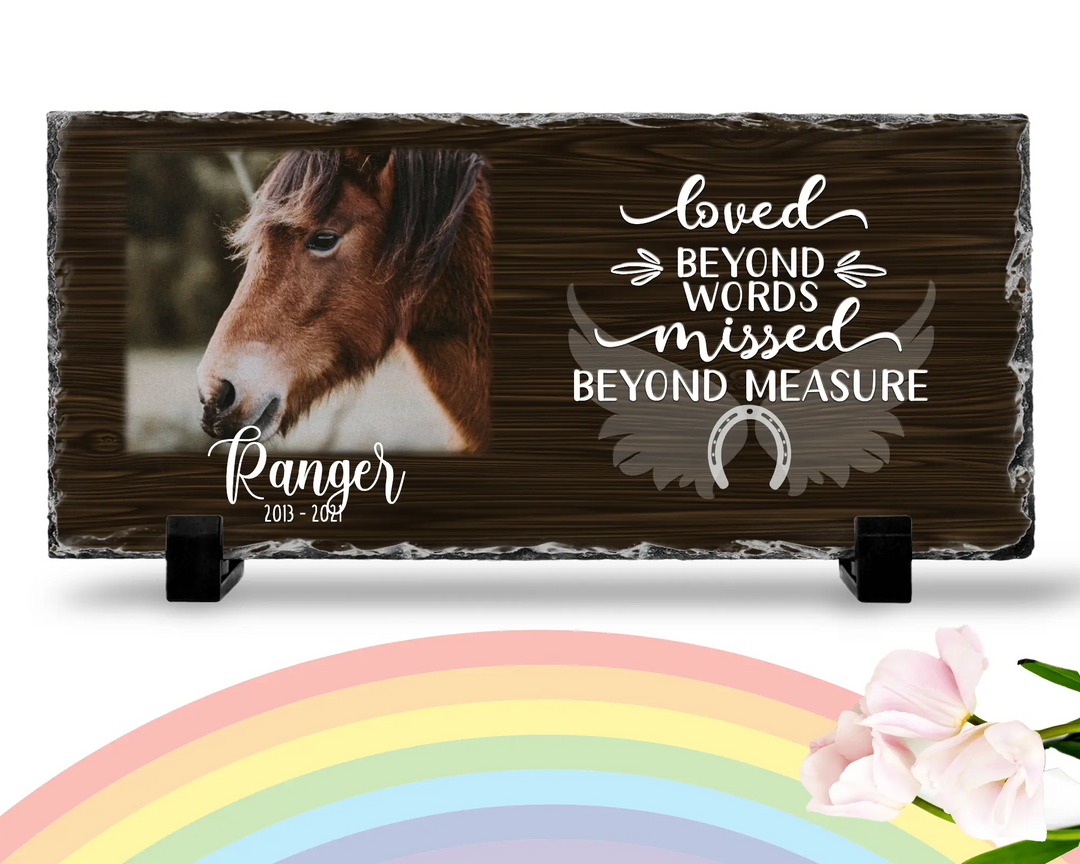 Personalized Horse Memorial Plaque   Loved Beyond Words Missed Beyond Measure  Personalized Picture Keepsake Memorial Slates