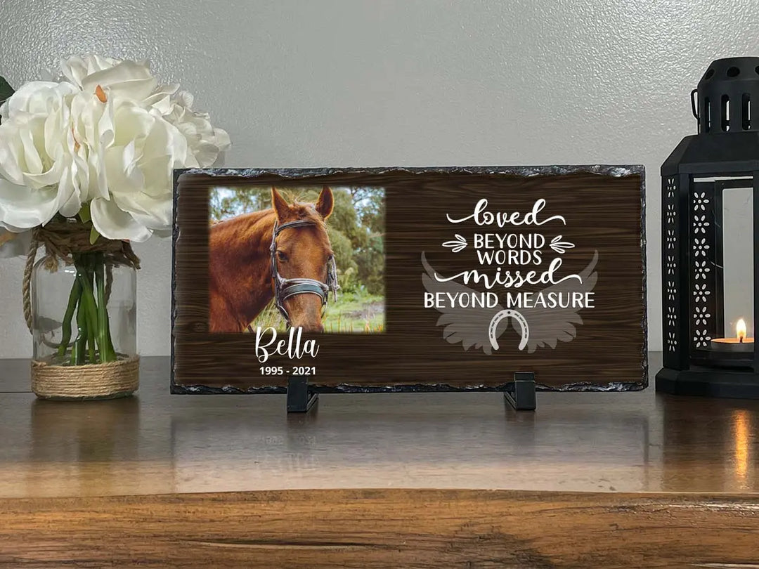 Personalized Horse Memorial Plaque   Loved Beyond Words Missed Beyond Measure  Personalized Picture Keepsake Memorial Slates