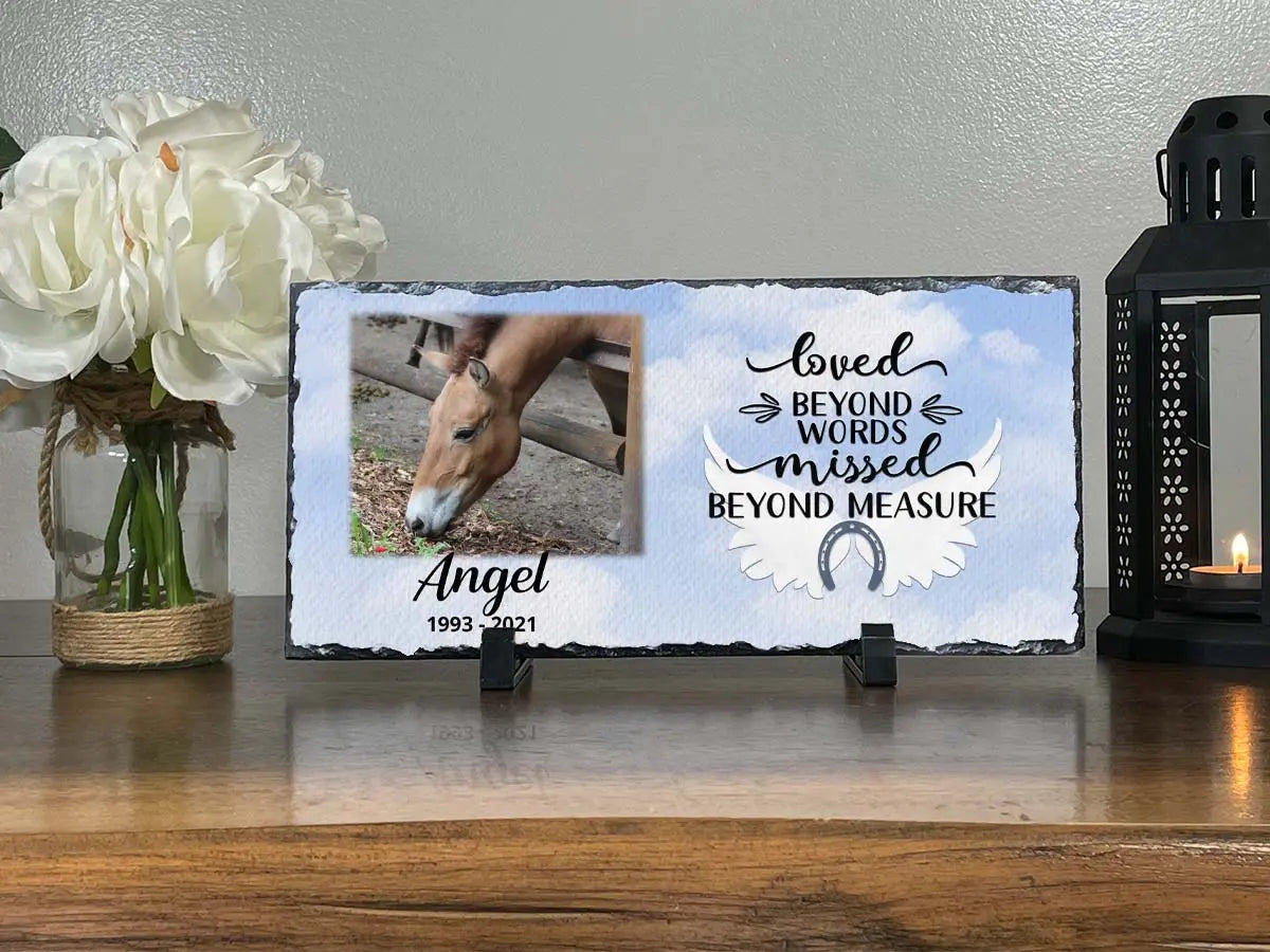 Personalized Horse Memorial Plaque   Loved Beyond Words Missed Beyond Measure  Personalized Picture Keepsake Memorial Slates