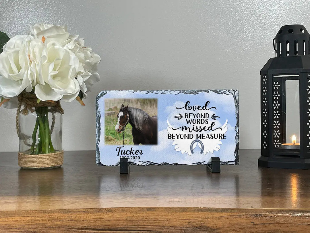 Personalized Horse Memorial Plaque   Loved Beyond Words Missed Beyond Measure  Personalized Picture Keepsake Memorial Slates