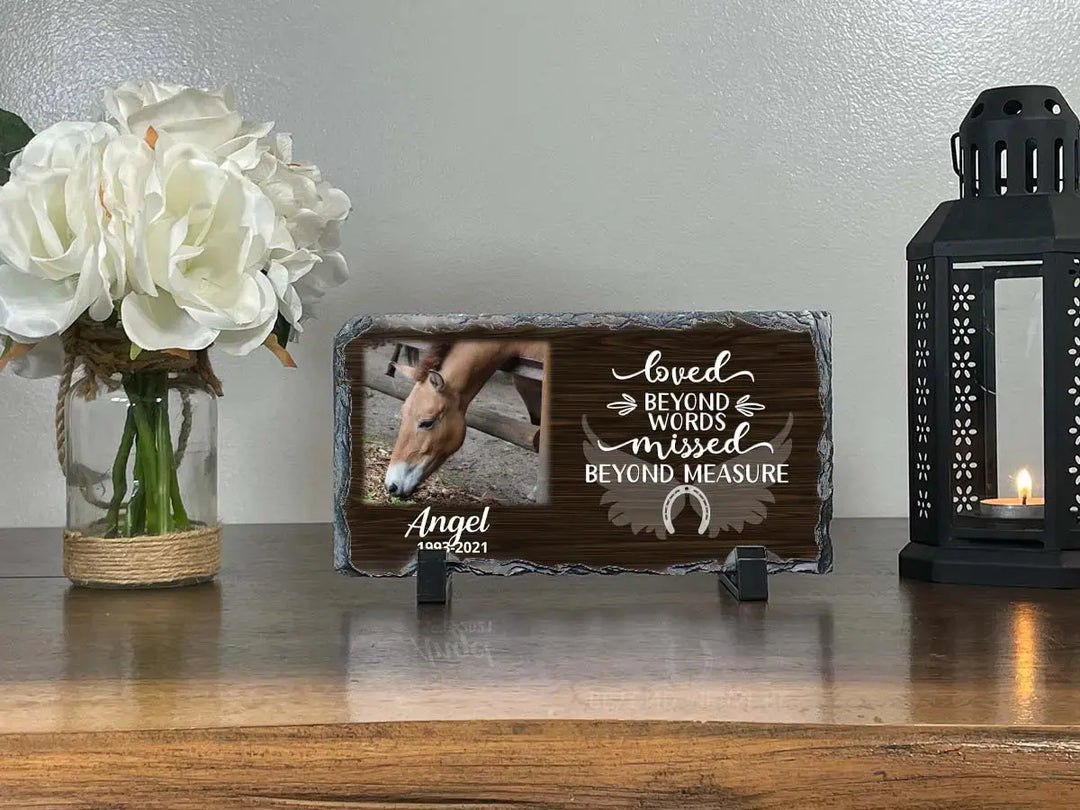 Personalized Horse Memorial Plaque   Loved Beyond Words Missed Beyond Measure  Personalized Picture Keepsake Memorial Slates