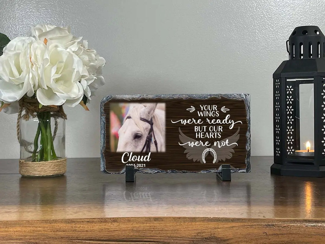 Personalized Horse Memorial Plaque   Your wings were but our hearts were not  Personalized Picture Keepsake Memorial Slates