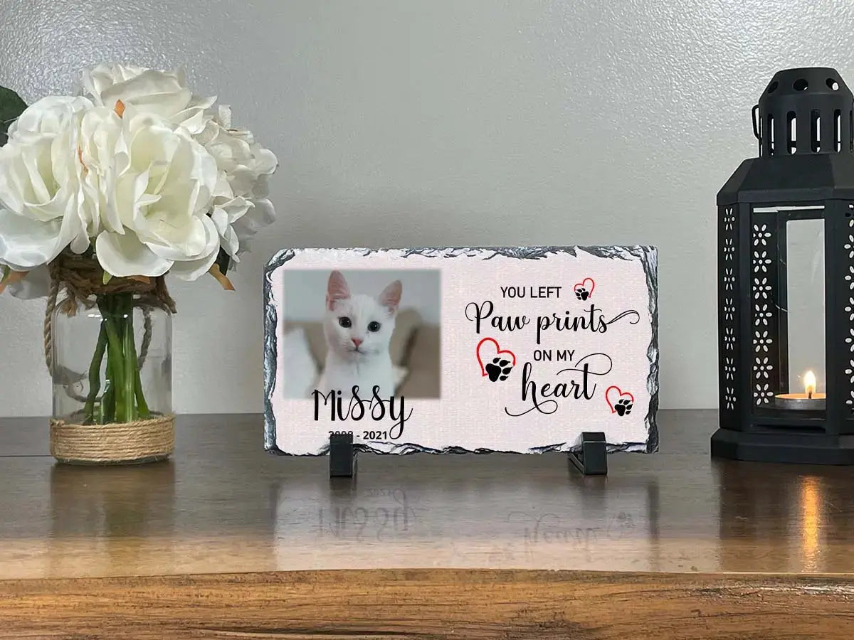 Personalized Personalized Cat Memorial Plaque  You left paw prints on my heart  Personalized Picture Keepsake Memorial Slates