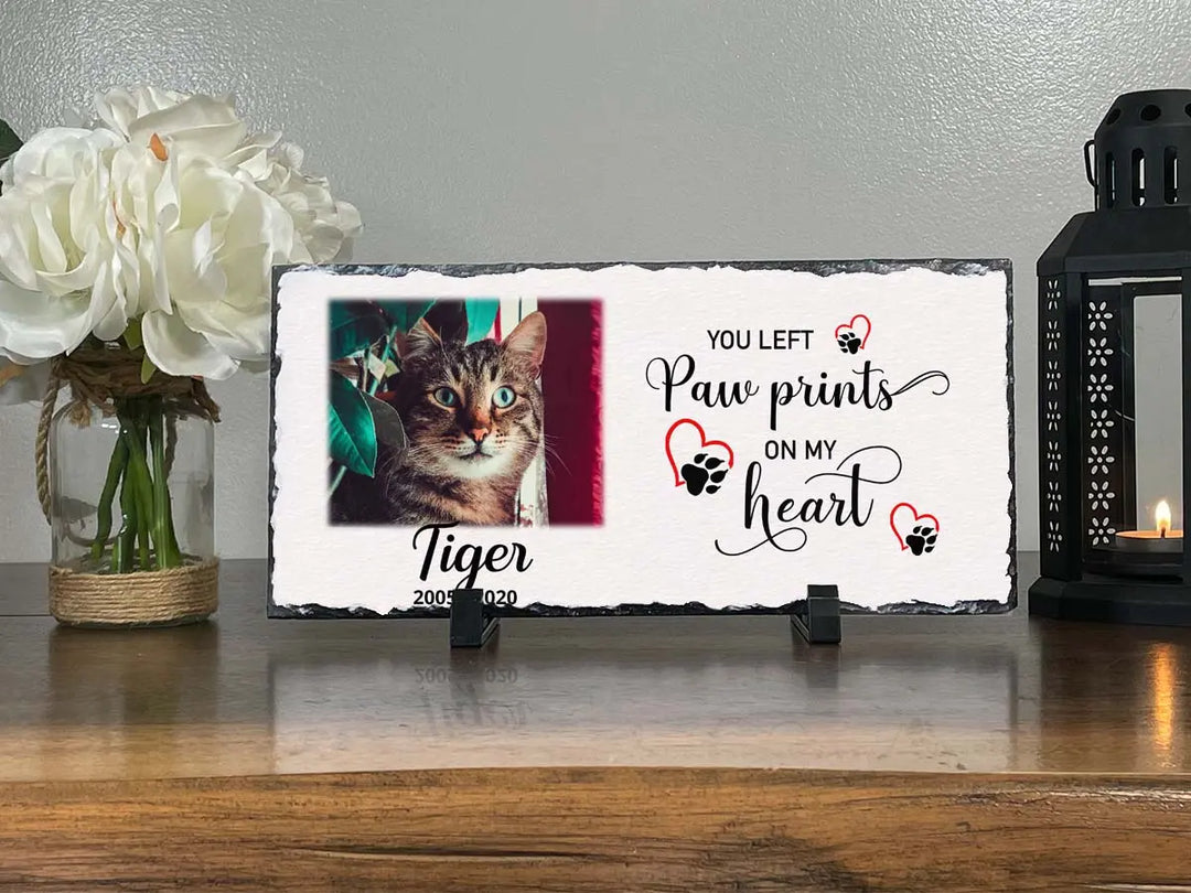 Personalized Personalized Cat Memorial Plaque You left paw prints on my heart  Personalized Picture Keepsake Memorial Slates