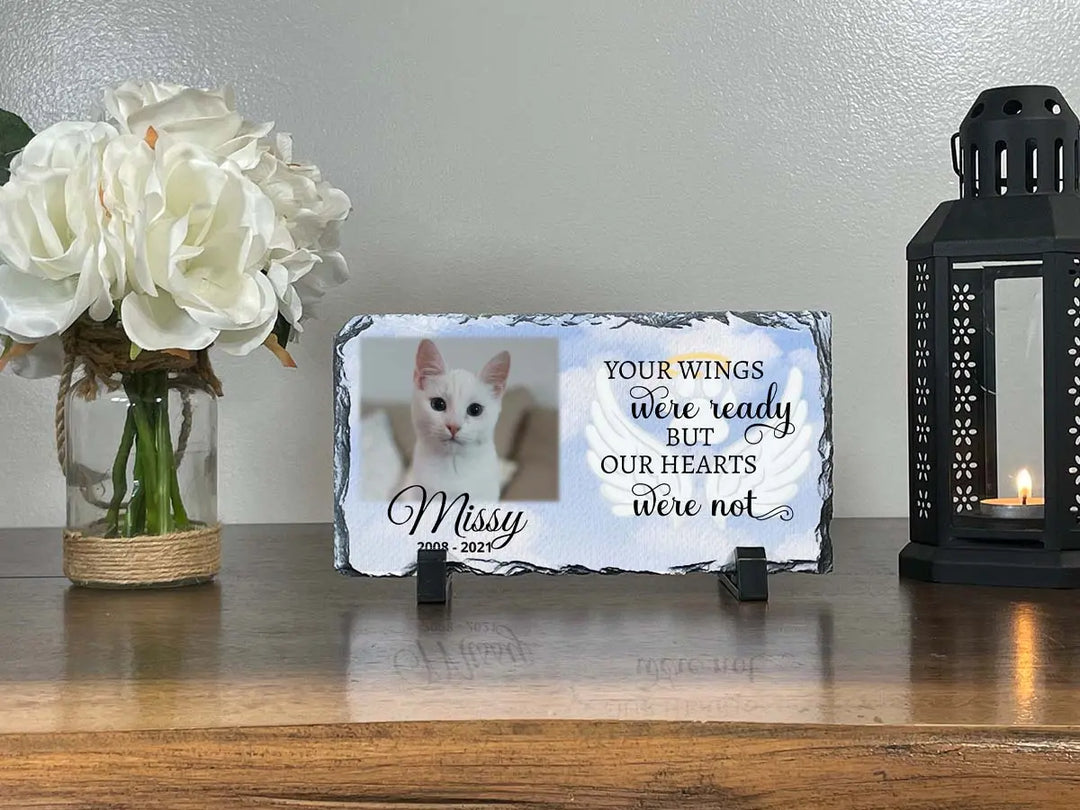 Personalized Personalized Cat Memorial Plaque Your wings were but our hearts were not  Personalized Picture Keepsake Memorial Slates