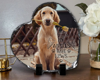 Pet loss Gift Custom Dog Memorial Stone Photo Heart Shape Slate  My Angel Has Paws Picture Keepsake Memorial Slates
